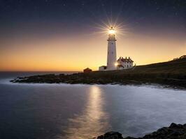 un faro a noche con el Luna en el cielo. ai generado foto