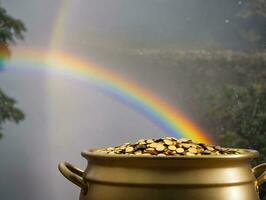 un maceta lleno de oro monedas con un arco iris en el antecedentes. ai generado foto