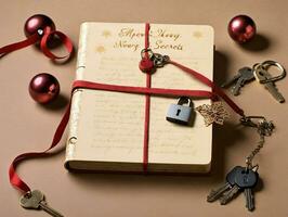 A Book With A Red Ribbon And A Bunch Of Keys. AI Generated photo