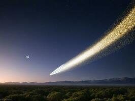 un meteorito meteorito es visto en el cielo encima un bosque. ai generado foto