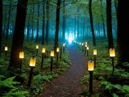 A Path Through A Forest With Lots Of Lanterns. AI Generated photo
