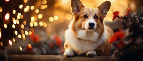 A banner with a corgi dog on the background of Christmas lights bokeh. AI-Generated photo