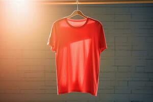 A red T-shirt is hanging on a hanger. AI generated photo