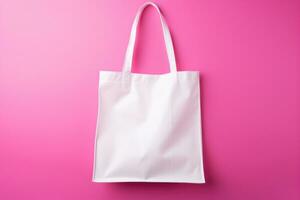 Mock-up of a white bag with handles on a pink background. AI Generated photo