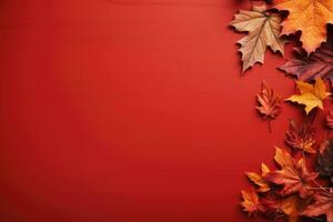 Autumn leaves on a red table, a place for text. AI-Generated photo