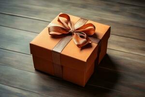 Brown square box with ribbon and bow. AI generated photo