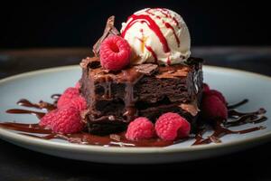 Chocolate brownie with a scoop of ice cream and raspberries. AI generated photo