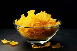 Corn flakes in a transparent plate. AI generated photo