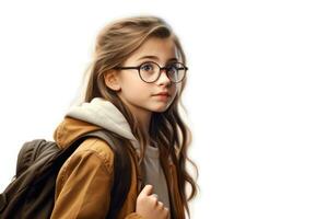 retrato de un Chica de escuela niña con lentes y un mochila. generado por ai foto