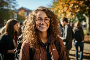 un estudiante niña con lentes y un mochila, con Rizado pelo va a Universidad con su colegas. generado por ai foto