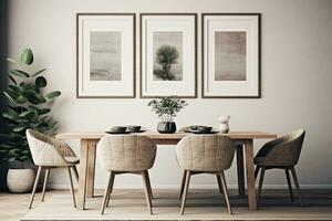 The interior of a modern kitchen and living room with a dining table and frames on the wall. AI generated photo