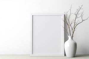 A white frame stands on a table with a vase and branches. AI generated photo