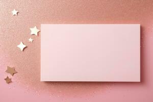 A mock-up of a white postcard lies on a pink table with sequins and rhinestones. AI generated photo