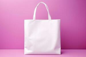 Mock-up of a white bag with handles on a pink background. AI generated photo