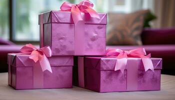 Set of pink gift boxes with ribbons. AI generated photo