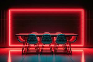 Conference table with red neon lighting in the office. AI-Generated photo