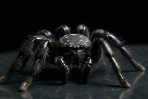 A big black spider crawls on the table. AI generated photo