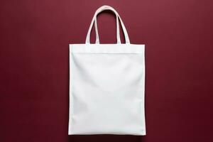 Mock-up of a white fabric grocery bag on a burgundy background. AI-Generated photo