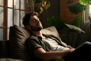 A young man is sitting on the sofa with his eyes closed, resting. AI-Generated photo