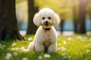 A dog of the dwarf poodle breed is sitting in the park on the grass. AI-Generated photo