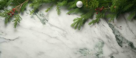 Banner with marble surface and Christmas tree decorations. AI-Generated photo