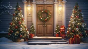 A Christmas wreath is hanging on the front door. AI-Generated photo