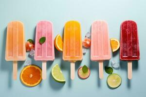 Refreshing popsicle on a stick with lime, orange, berries and mint. AI Generated photo