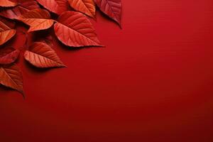 Autumn leaves on a red table, a place for text. AI generated photo