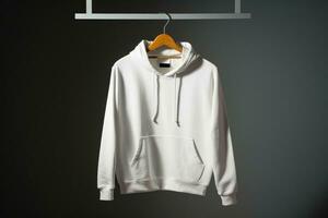 Mock-up of a white hoodie with a hood and pocket hanging on a hanger. AI Generated photo