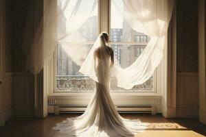 A bride in a wedding dress and with a veil is standing near a large window. AI generated photo