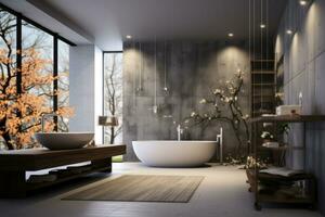 Bathroom with panoramic window in modern style. AI generated photo
