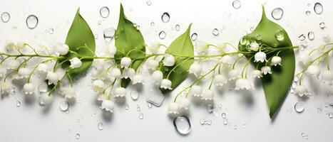 Banner with lily of the valley flowers in water drops. AI-Generated photo