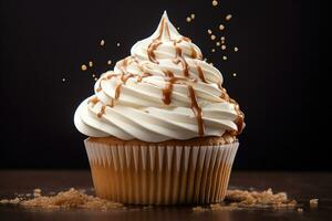 Vanilla cupcake with cream and chocolate chips. AI generated photo