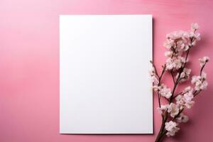 Layout of a white card with spring flowers on a pink background. AI generated photo