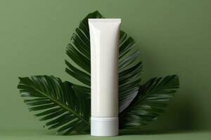 un Bosquejo blanco tubo para crema en el antecedentes de palma hojas. ai generado foto