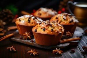 Homemade autumn cakes or cupcakes with nuts and spices, cozy atmosphere of autumn. AI Generated photo