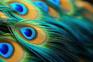 Peacock feather close-up. AI-Generated photo