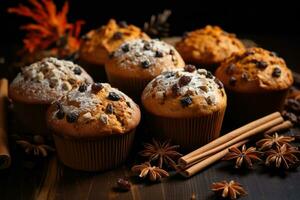 Homemade autumn cupcakes with nuts and cinnamon on a wooden board. AI generated photo