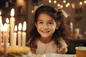 contento niña golpes fuera velas en un cumpleaños pastel. generado por ai foto