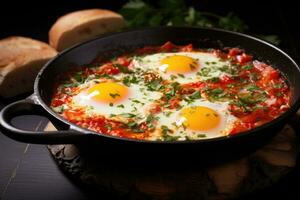 Shakshuka with tomatoes in a frying pan. AI-Generated photo
