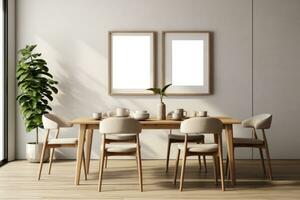 Living room with dining table and paintings on the wall. AI-Generated photo