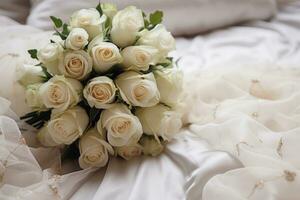 A wedding bouquet of roses in a bud lies on the bed. AI Generated photo