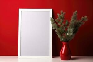 A mock-up of a photo frame against a red wall and a vase with nobilis. AI Generated