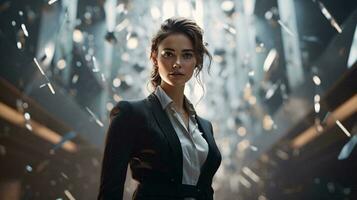 A confident woman in a suit reflecting in a mirror AI Generated photo