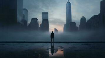 A man standing in front of a foggy cityscape AI Generated photo