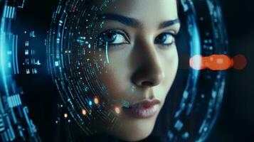 A woman with a futuristic interface in the background AI Generated photo