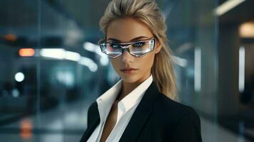 A confident woman in a suit and sunglasses looking directly at the camera AI Generated photo