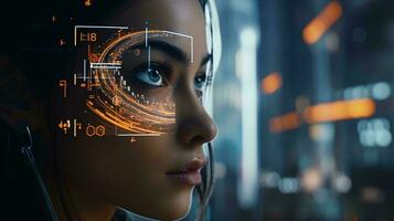 A woman with a futuristic face against a futuristic backdrop AI Generated photo