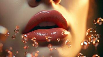 A woman blowing bubbles with vibrant red lips AI Generated photo