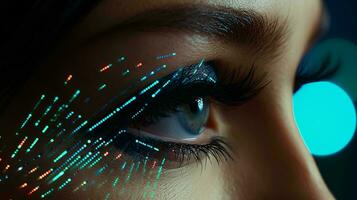 A woman's eye with mesmerizing lights illuminating it AI Generated photo